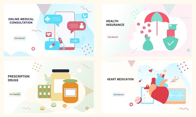 Set of landing page templates for heart medication, health insurance, prescription drugs, online medical consultation. Doctor, pharmacy, therapist for website, UI, mobile application, posters, banners