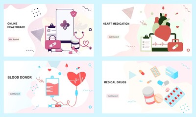 Set of landing page templates for online healthcare, heart medication, blood donor, medical drugs, online medical consultation. Doctor, pharmacy, therapist for website, UI, mobile application, banners
