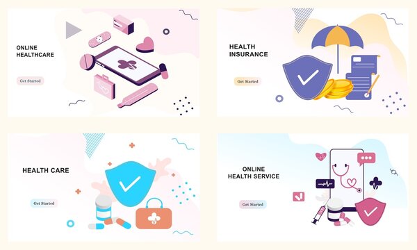 Set of landing page templates for online healthcare, health insurance, online health service, online medical consultation. Doctor and therapist for website, UI, mobile application, posters, banners.