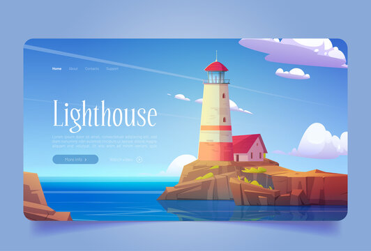 Lighthouse on sea shore cartoon landing page, beacon building at scenery nature ocean landscape with blue water and rocky coast. Nautical seafarer, marine safety sailing light, vector web banner