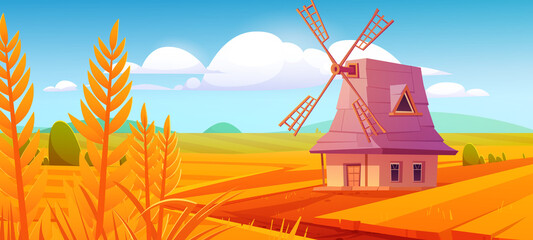 Windmill on farm nature rural background with plowed field and wheat. Vintage wind mill under blue cloudy sky. Countryside farmland tranquil summer time or fall landscape. Cartoon vector illustration © klyaksun