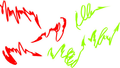 Set of  Vector arrows of emotional shape. Red arrows symbolize decline (sharp, gradual, with a return) of indicators. Green - rise (unexpected, stable, sharp) indicators. Spring or spiral arrow 