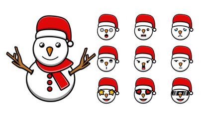 snowman wearing christmas hat cartoon set