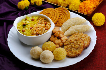 Diwali snacks Diwali faral, Diwali Special sweet and salty snacks, Festival snacks from Maharashtra, India.