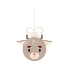 Fototapeta premium Merry Christmas and new year ball with cute goat. Cartoon winter holidays animal bauble. Vector stock illustration