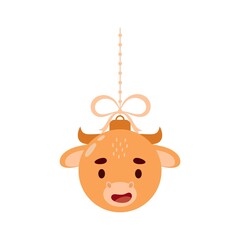 Merry Christmas and new year ball with cute yak. Cartoon winter holidays animal bauble. Vector stock illustration