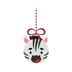 Merry Christmas and new year ball with cute zebra. Cartoon winter holidays animal bauble. Vector stock illustration