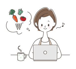 コーヒーを飲みながらネットスーパーで買い物する女性