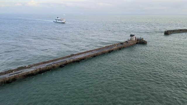 Ferry approaching Port of Dover , Kent England ,  aerial 4k footage