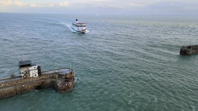 Ferry approaching Port of Dover ,Ferry terminal Kent England ,aerial 4k footage