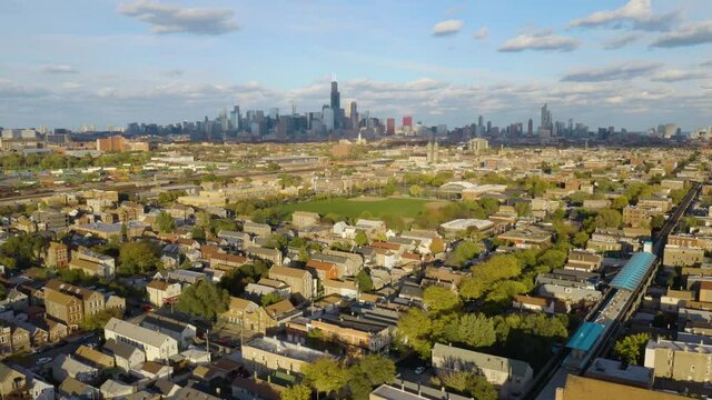 Fast Aerial Shot Above Pilsen. Hispanic Neighborhood on Chicago's West Side