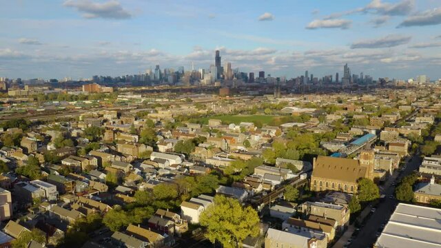 Wide Angle Aerial Establishing Shot of Pilsen, Chicago, Illinois
