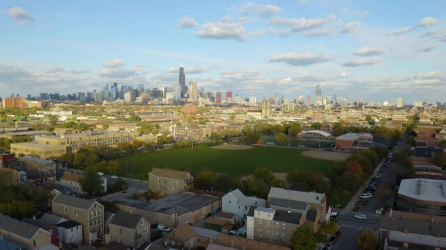 Aerial Pullback Reveals Pilsen, Chicago's Mexican Neighborhood on Fall Day