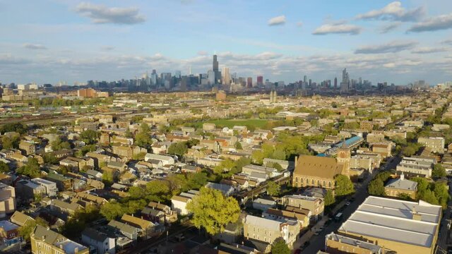 Fixed Aerial Shot of Pilsen Neighborhood in Chicago, Illinois