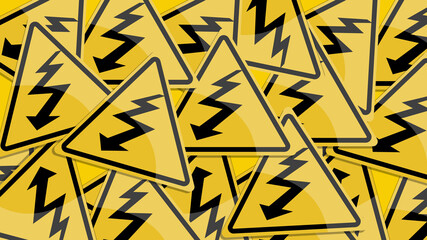 Danger HIGH VOLTAGE yellow triangular sign. Hazard symbol. Illustration. Riskiness. Peril indication scattered randomly.