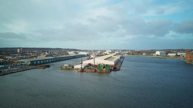 Arial shot looking across the dock north birkenhead Liverpool