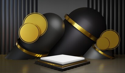 Scene with geometrical forms background, 3d render, abstract background, Black and gold background.
