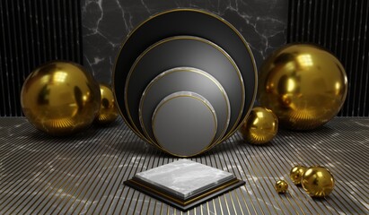 Scene with geometrical forms background, 3d render, abstract background, Black and gold background.
