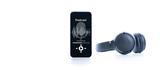 Podcast background. Mobile smartphone screen with podcast application, sound headphones. Audio voice with radio microphone on white. Recording studio or podcasting banner with copy space.