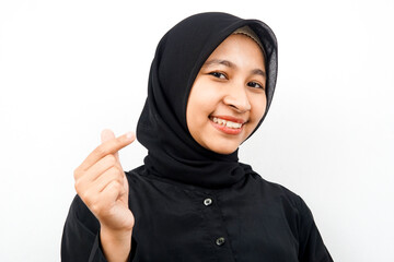 Closeup of beautiful young Muslim woman with korean style love hands, i love you, isolated