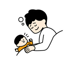 寝る父親と目覚めた赤ちゃん　カラー