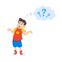 Little doubt boy kid asking question flat style design vector illustration isolated on white background. Cute boy thinking about something and question mark flies above him asking concept.