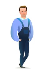 Man in overalls. Service guy. Handyman, locksmith or repairman. Cheerful person. Standing pose. Cartoon comic style flat design. Single character. Illustration isolated on white background. Vector