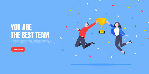 Happy business employee team winners award ceremony flat style design vector illustration. Employee recognition and best worker competition award team celebrating victory winner business concept.