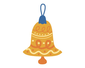 Christmas ball bell retro, vintage decoration. Symbol of Happy New Year, Xmas holiday celebration. Vector illustration cartoon flat style
