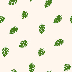 Green and white seamless pattern with sprigs. Vector stock illustration for fabric, textile, wallpaper, posters, paper. Fashion print. Branch with monstera leaves. Doodle style