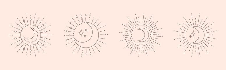 Moon sun line art vector. Boho sun logo, outline moon vector icon