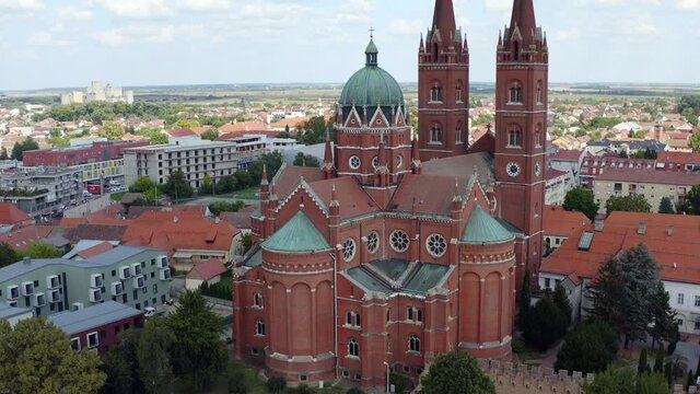 Exterior Of The St. Peter Cathedral In Djakovo, Croatia At Daytime - drone ascending