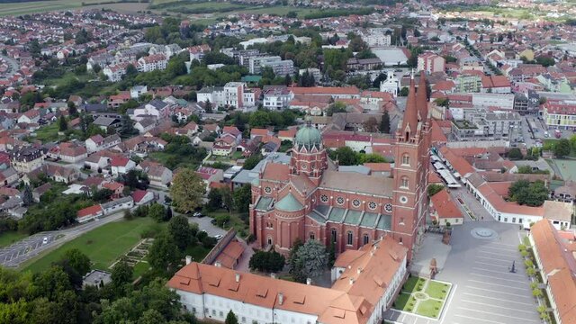 Panoramic View Of Basilica Of St. Peter In The City Center Of Dakovo, Croatia. Aerial Drone