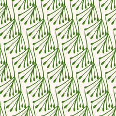 Green and white seamless pattern with sprigs. Vector stock illustration for fabric, textile, wallpaper, posters, paper. Fashion print. Branch with monstera leaves. Doodle style