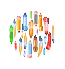 Stationery assortment. Isolated on white background. Brushes and pencils. Cartoon funny style. Round composition. Symbolic object. Childrens design. Vector.
