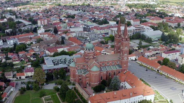 Aerial View Of Town And Cathedral Basilica Of St. Peter In Djakovo, Croatia - drone shot