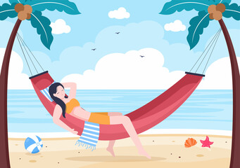 Obraz na płótnie Canvas People Lying on Hammock in Beach Swing Flat Cartoon Vector Illustration. Summer Vacation Outdoor Picnic Between Coconut or Palm Tree