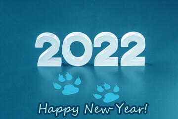 2022 is the year of the tiger according to the Chinese calendar. The numbers "2022" on a blue background. The text "Happy New Year!"