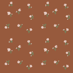 seamless pattern with small white flowers on a brown background, hand-drawn illustration,
