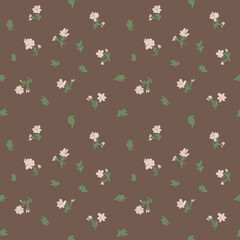 seamless pattern pink small white flowers on a brown background, hand-drawn illustration,