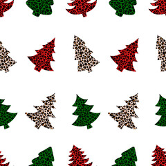 Seamless pattern Leopard print Christmas tree vector illustration