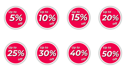 Up to 5%, 10%, 15%, 20%, 25%, 30%, 35%, 40%, 50% off. Sale stickers. 