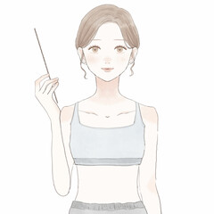 指示棒を持ちながら説明しているスポーツウェアを着た女性