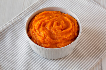 Raw Pumpkin Puree in a Bowl, side view.