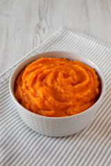 Raw Pumpkin Puree in a Bowl, side view. Close-up.