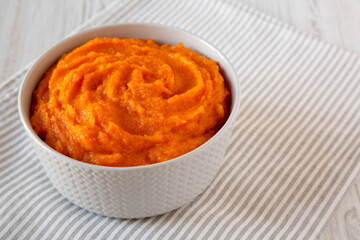 Raw Pumpkin Puree in a Bowl, side view. Copy space.