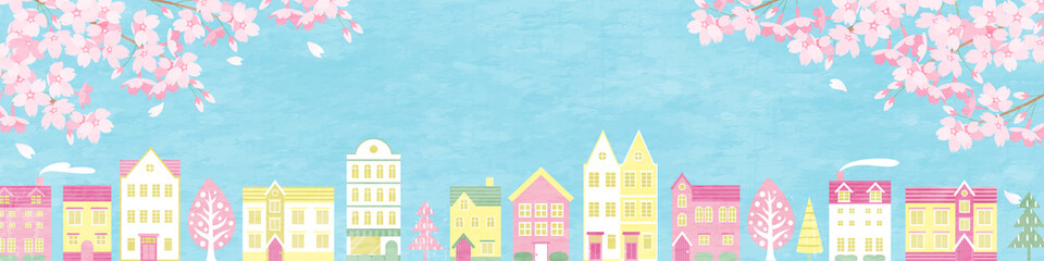 春の桜と街並みのベクターイラスト背景 © Honyojima