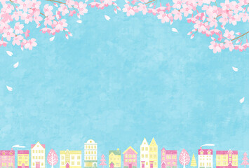 春の桜と街並みのベクターイラスト背景 © Honyojima