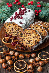 Traditional homemade Christmas cake sprinkled with sugar powder