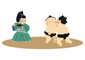 スポーツのイラスト素材。
相撲のクリップアート。
力士と行司。土俵。国技館のイメージ。